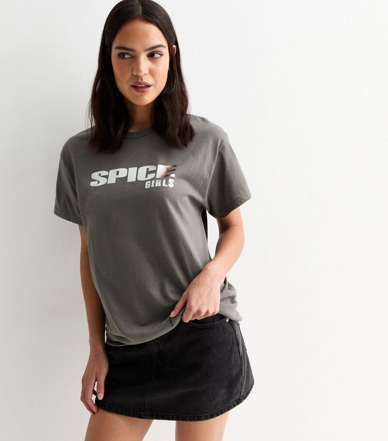 

Серая хлопковая футболка с принтом Spice Girls New Look, темно-серый