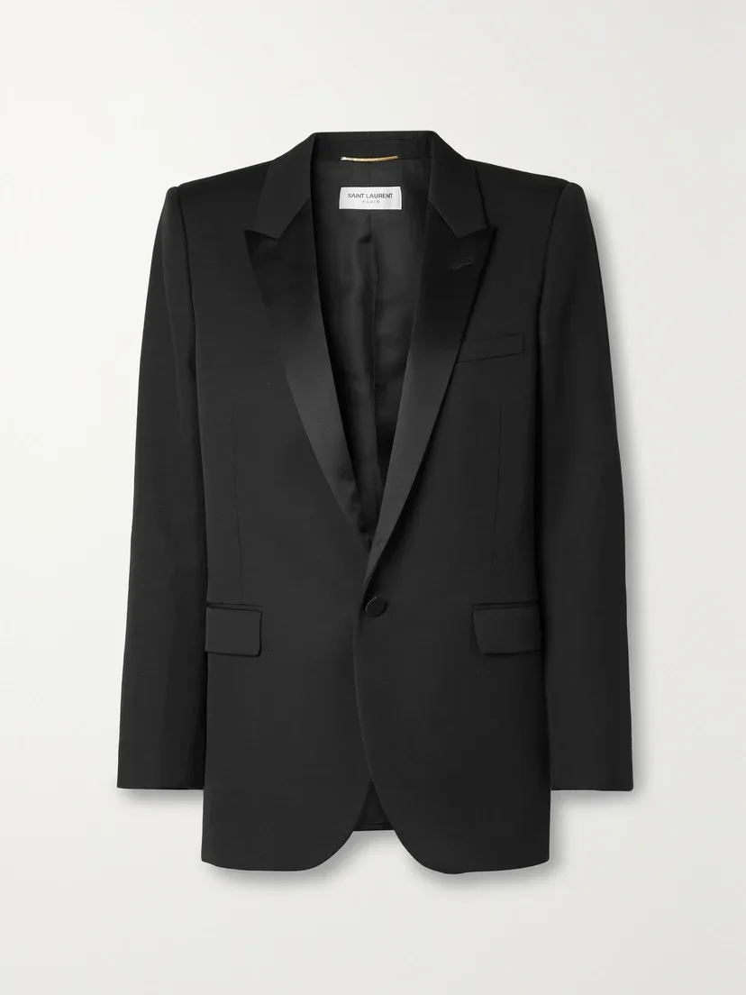 Блейзер из шерсти grain de poudre с атласной отделкой Tube SAINT LAURENT, черный