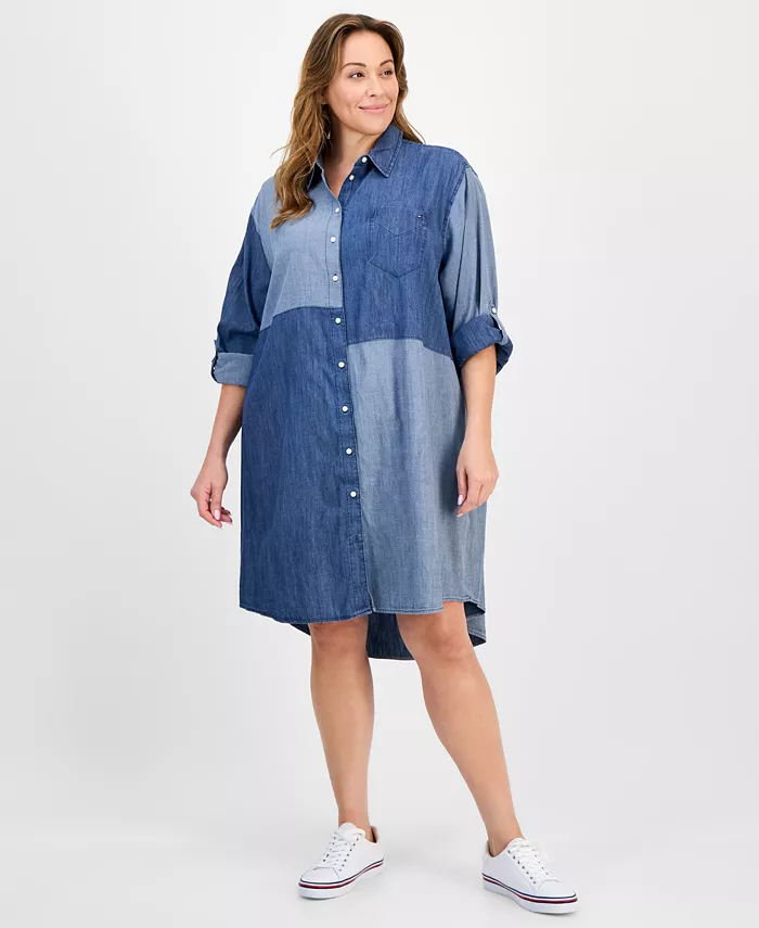 

Платье-рубашка из смесового шамбре с пэчворком Plus Size Tommy Hilfiger, синий