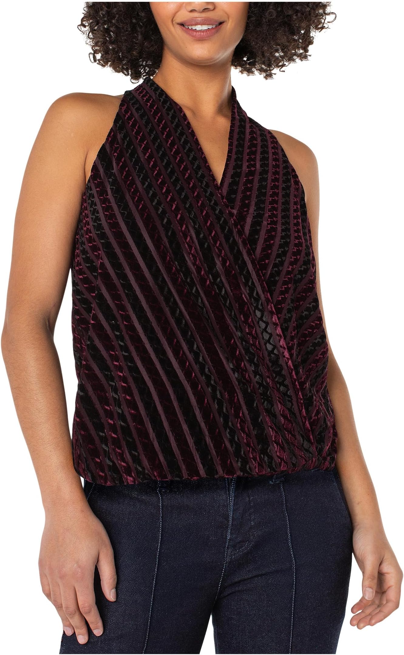 

Женский трикотажный топ без рукавов с перекрещивающимися бретелями и бархатными полосками Liverpool Los Angeles, Black Burgundy Stripe