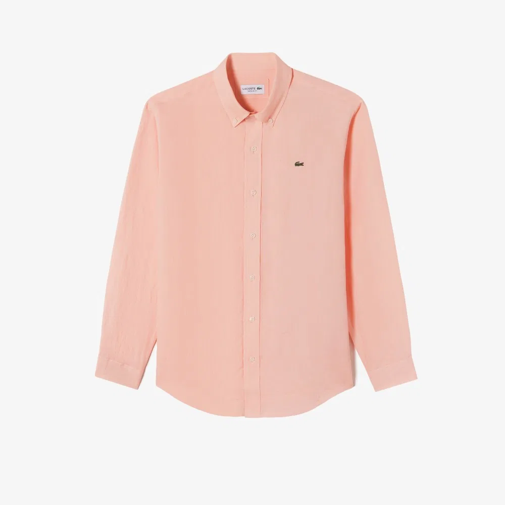 Мужская однотонная льняная рубашка розового цвета от Lacoste