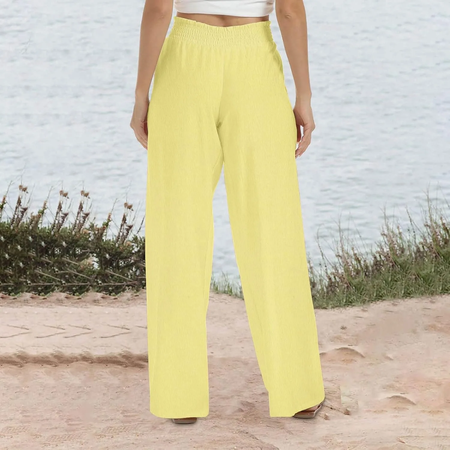 Льняные брюки для женщин Vacation Wide Leg High Waist Palazzo, летние струящиеся пляжные повседневные брюки с карманом Generic, желтый — фото 4