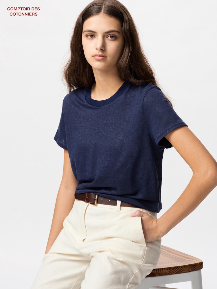 

Льняная футболка с круглым вырезом Uniqlo, цвет 68 синий