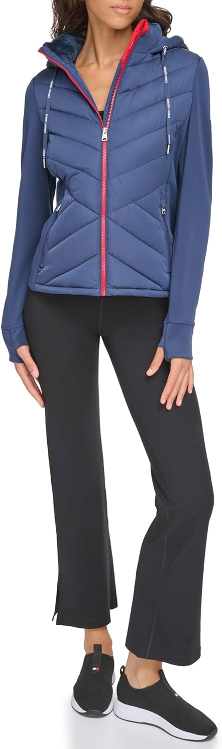 Женская гибридная куртка-пуховик Tommy Hilfiger с капюшоном и отверстиями для больших пальцев, Navy — фото 2