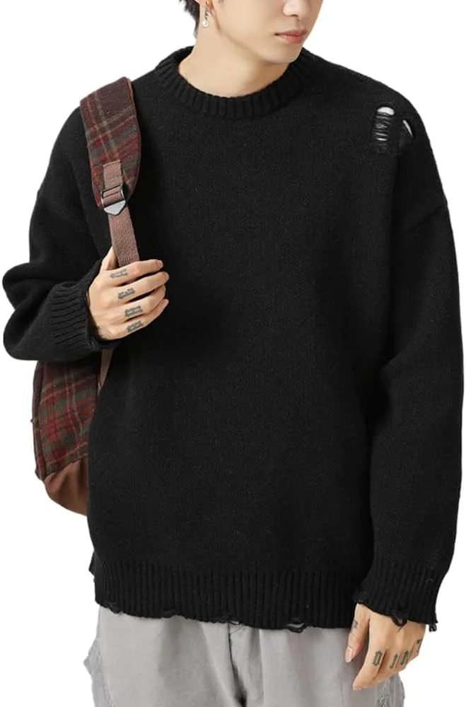 

POHADON 2026 мужской свитер с круглым вырезом Vintage Y2k с прорезями