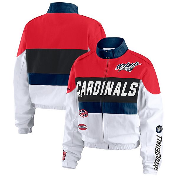 

Женская красная/белая куртка-бомбер St Louis Cardinals Racing на молнии Wear By Erin Andrews