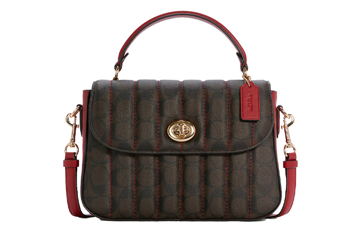 

Marlie Canvas Leather Satchel Bag Сумка через плечо среднего размера для женщин Коричневая красная COACH