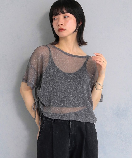 

Топ, прозрачный, с боковыми завязками, из люрекса, бренд Cheriella, цвет угольно-серый