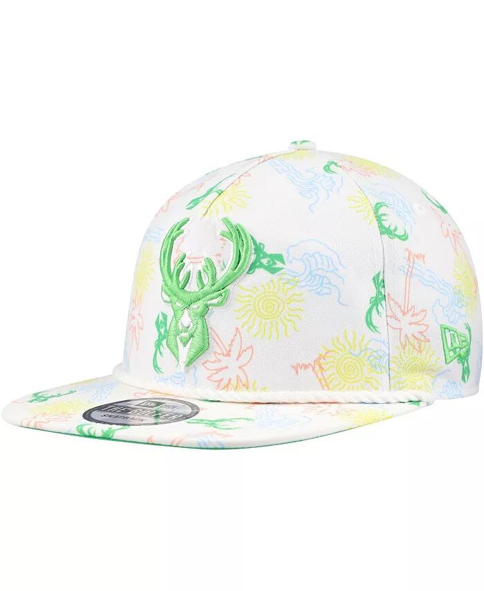 

Мужская белая регулируемая кепка для гольфа Milwaukee Bucks Palm Trees and Waves New Era