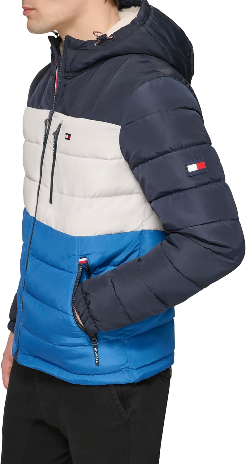 Мужская куртка Tommy Hilfiger средней толщины с подкладкой из шерпы и капюшоном, водонепроницаемая, Blue Combo Tech — фото 3