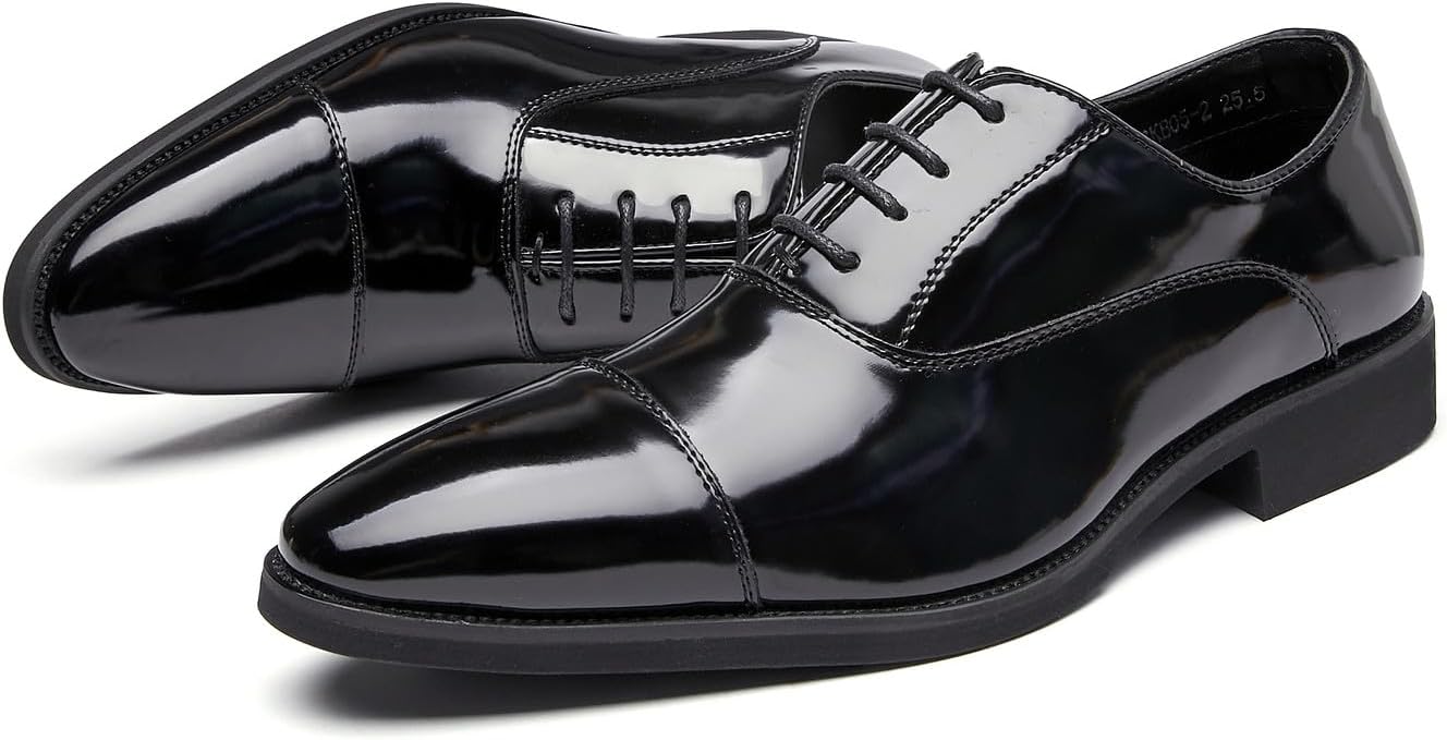 Мужские туфли с закрытым носком Cap Toe, оксфорды, лакированная кожа, для формальных мероприятий, деловых встреч, смокинга, повседневные, дерби, свадебные туфли для мужчин Santimon, черный — фото 3
