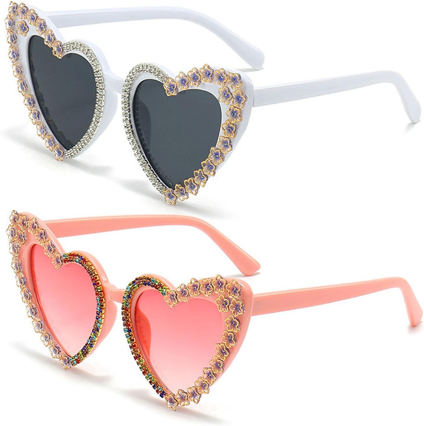 

Willochra Fashion Heart Женские солнцезащитные очки со стразами, блестящие солнцезащитные очки в форме сердца, женские солнцезащитные очки с бриллиантами для вечеринки, 2pcs-pink&white