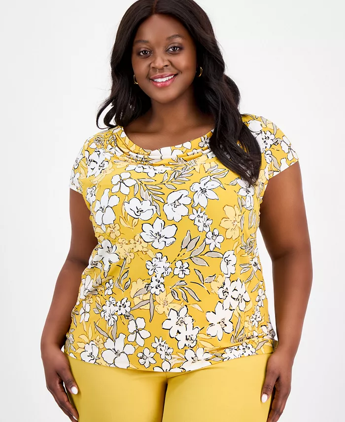 

Женский топ с капюшоном и короткими рукавами Plus Size Printed Cowlneck Cap-Sleeve Top Kasper, желтый