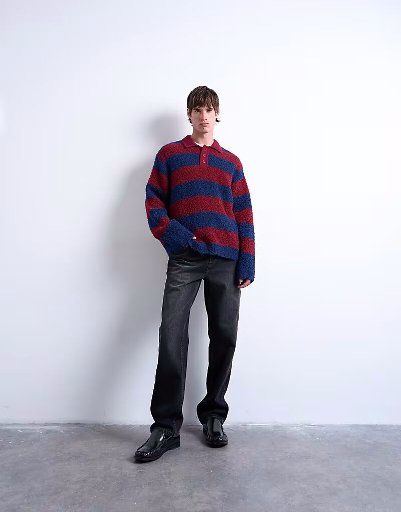 

Свободный трикотажный джемпер-поло в полоску бордового цвета Topman