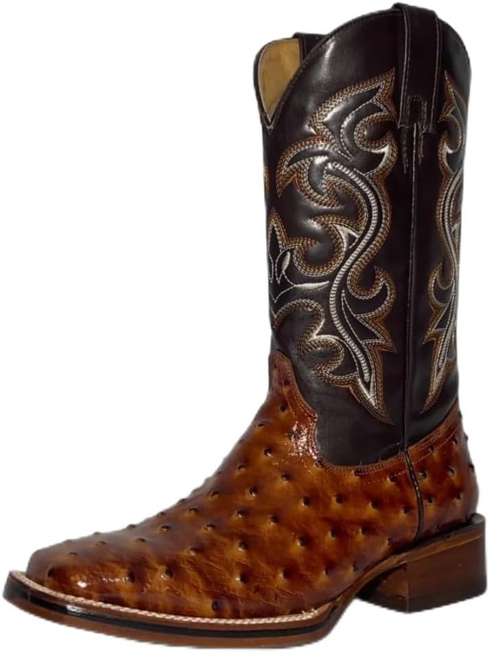 

Мужские ковбойские ботинки в западном стиле из натуральной кожи с экзотическим принтом страуса, квадратный носок - коньяк Generic