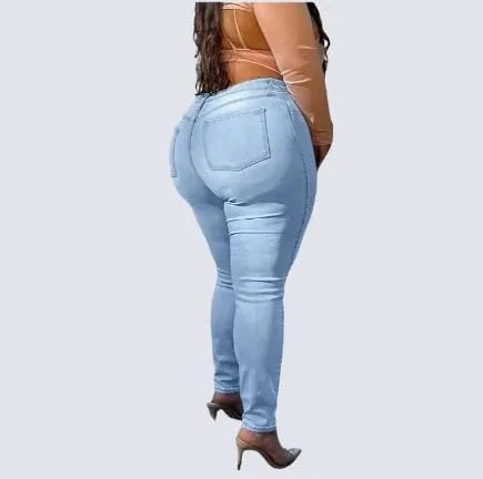 Generic Женские джинсы Plus Size Skinny - Light Blue, высокоэластичные полноразмерные, с карманами и поясом, повседневные всесезонные, постиранные — фото 3