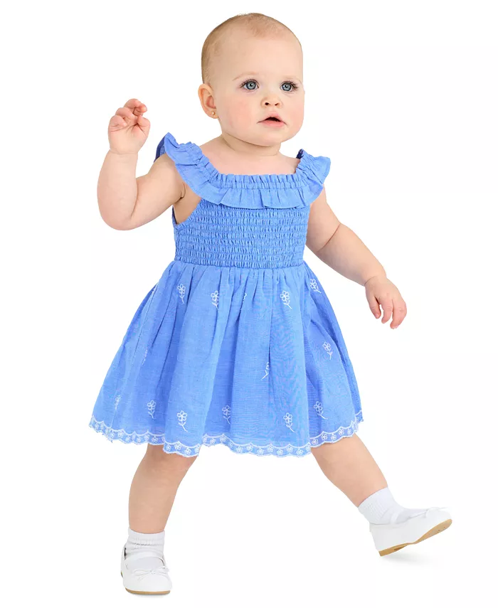 

Платье для девочек с вышивкой и ажурной вставкой Baby Girls Smocked Eyelet Dress Rare Editions, синий