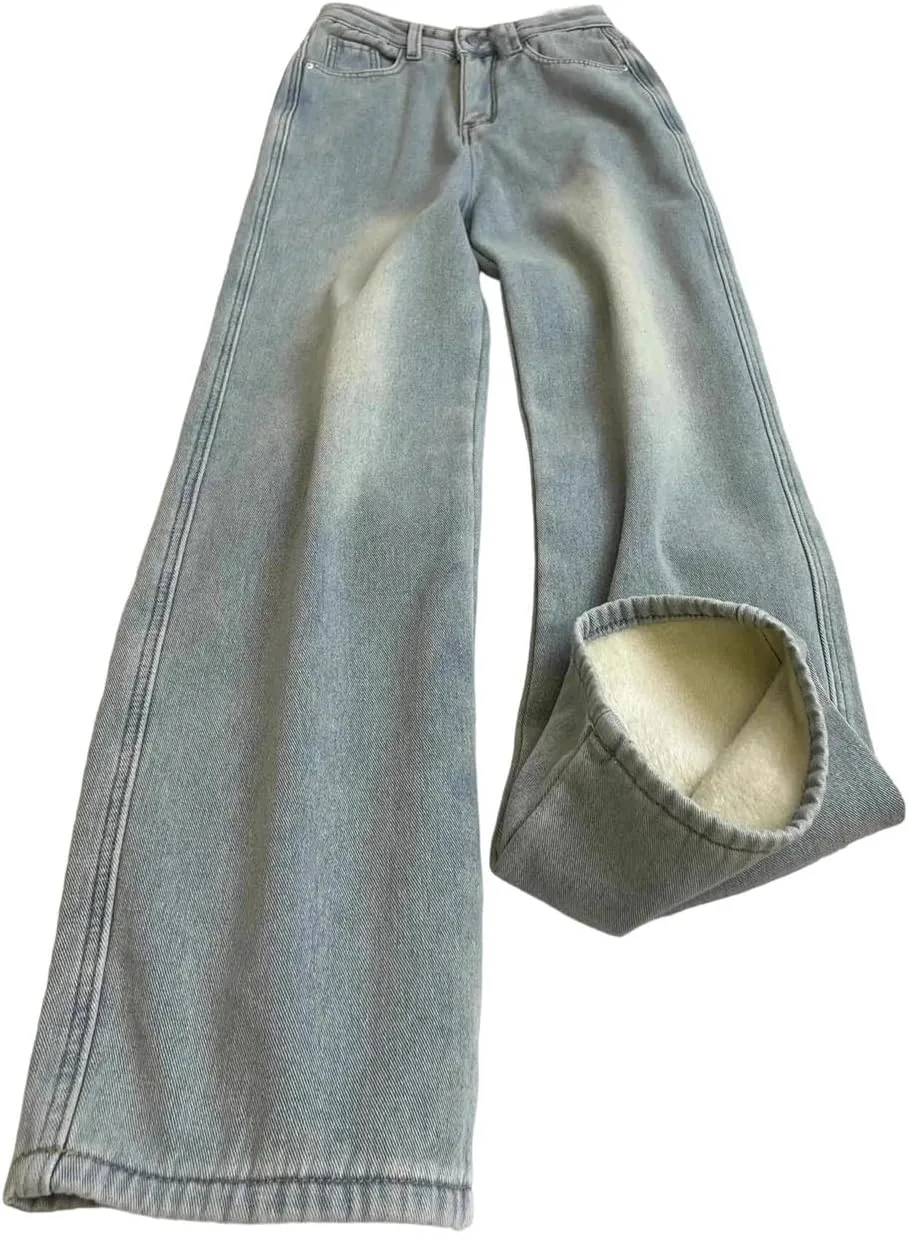 

Женские джинсы High Waist Straight Leg в светло-голубом цвете, утепленные флисом