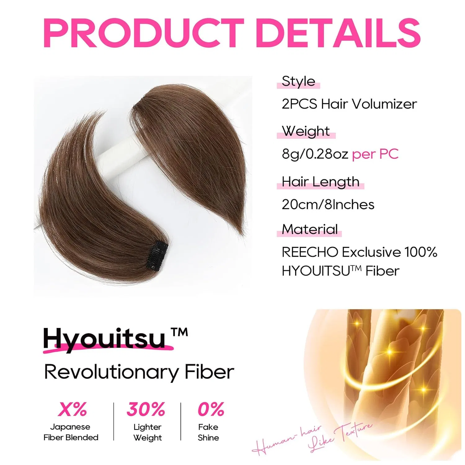 Накладные пряди REECHO Clip in Hair Pieces, 20 см, для объема, 2 шт. Reecho, 2-Red-Brown — фото 2