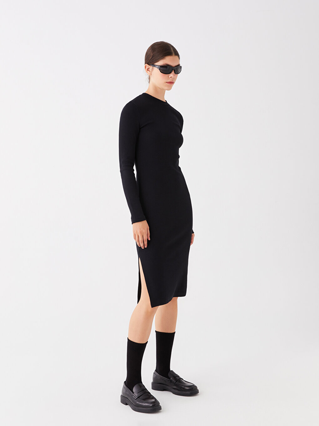 

Прямое женское платье с круглым вырезом и длинными рукавами LCW Casual, новый черный