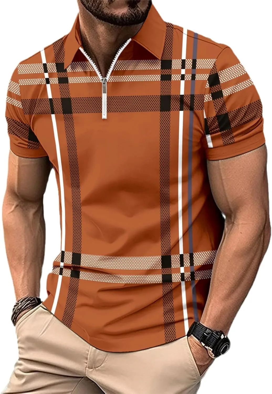 

Мужская поло с коротким рукавом, 3D-принт в клетку и полоску, лацкан и четверть-молния KGKQHKQ