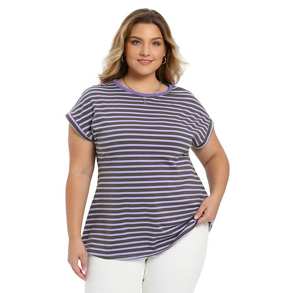 

Футболка с рукавом реглан и круглым вырезом в полоску, летняя базовая, casual, plus size Grace & Grandeur, Purple, Фиолетовый, Футболка с рукавом реглан и круглым вырезом в полоску, летняя базовая, casual, plus size Grace & Grandeur, Purple