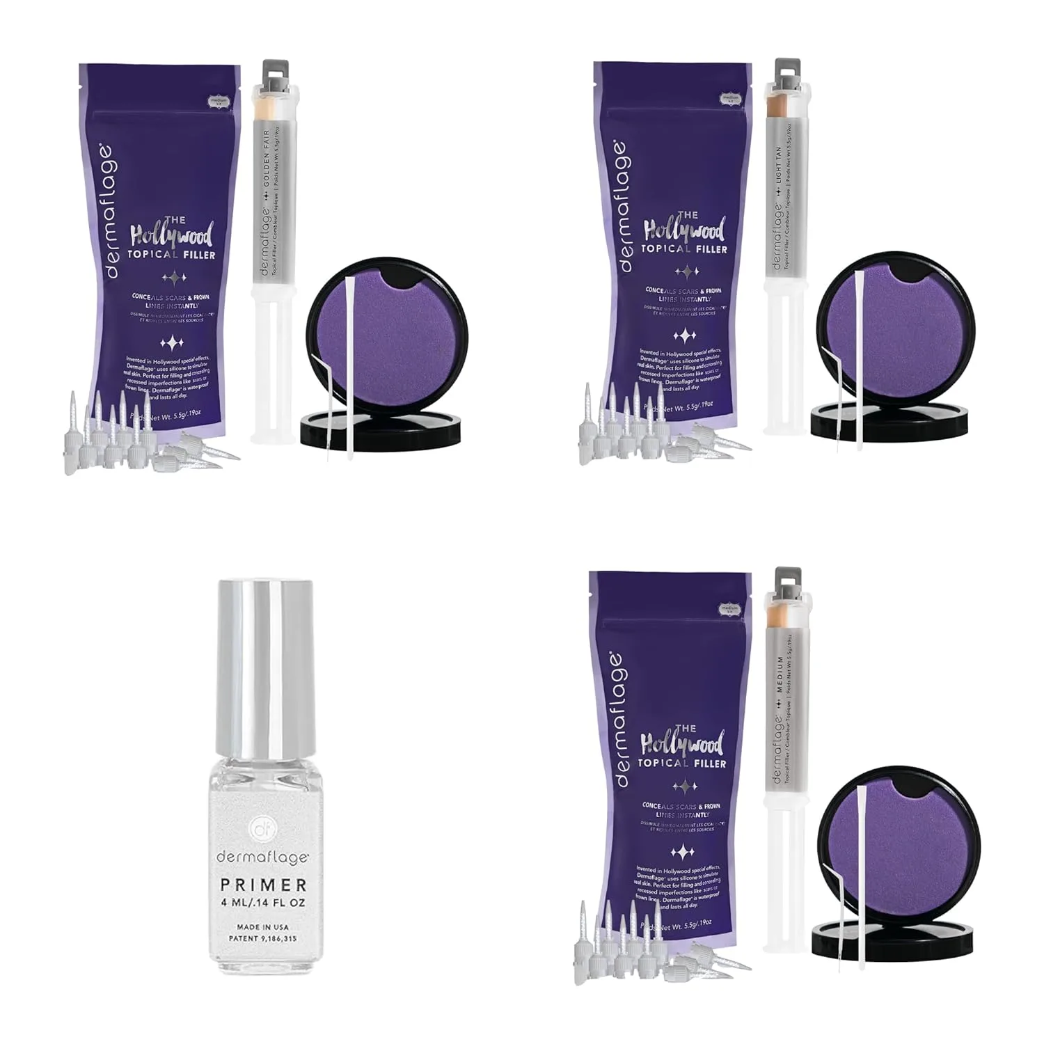 Набор Dermaflage Scar Filler Kit Bundle - оттенки Golden Fair, Light Tan и Medium + праймер Extended Wear Primer - водостойкий силиконовый консилер для шрамов от акне, морщин и рубцов Ice Pick - запас на 1 месяц каждый