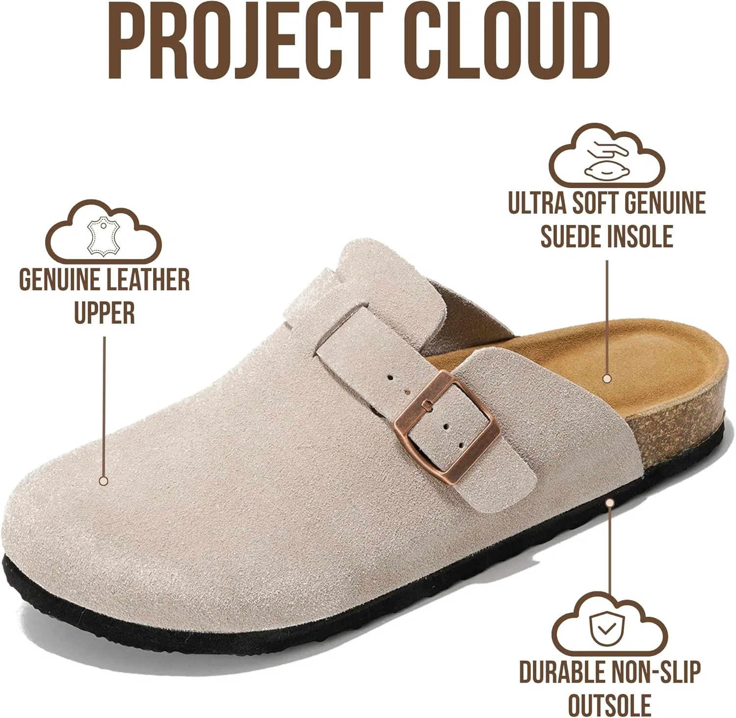 Мужские сабо Project Cloud - 100% натуральная кожа высшего качества, сабо с эффектом памяти, поддержка свода стопы, пробковая стелька, нескользящая платформа (Бруклин), Brown Wool — фото 3