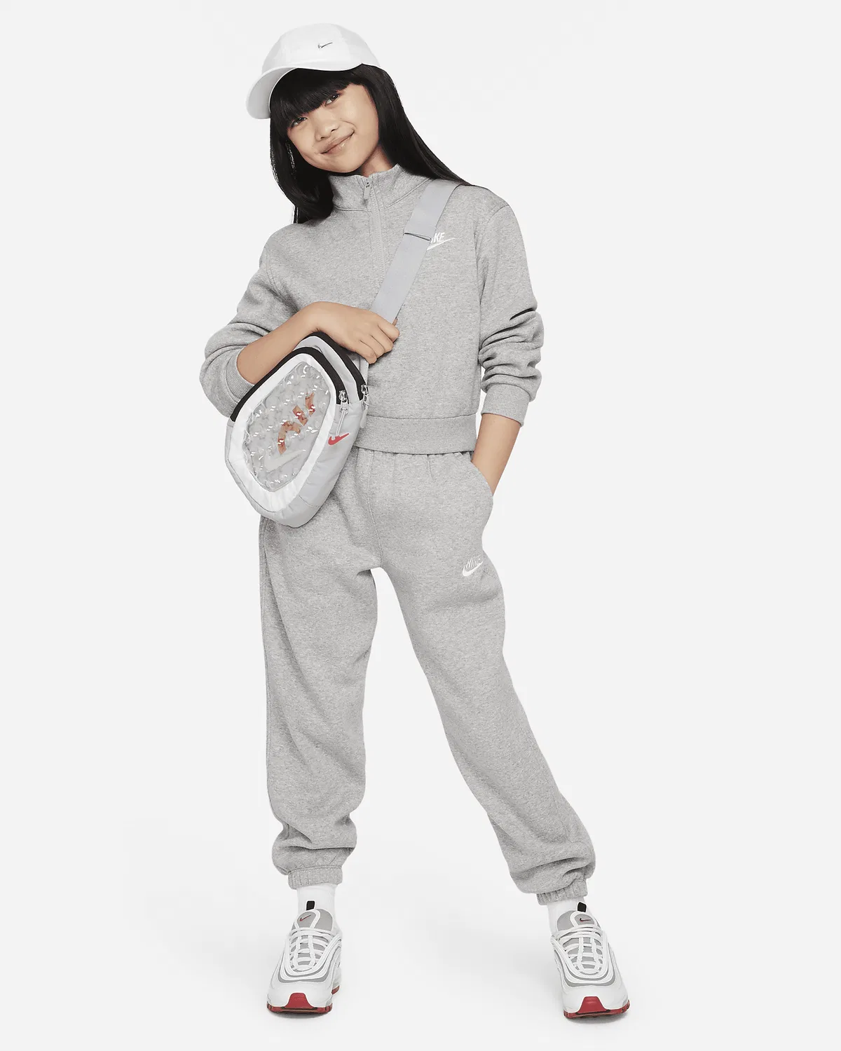 Детская (девочки) длинная футболка Nike Sportswear Club Fleece с полузастежкой-молнией, Dark Grey Heather/White — фото 4