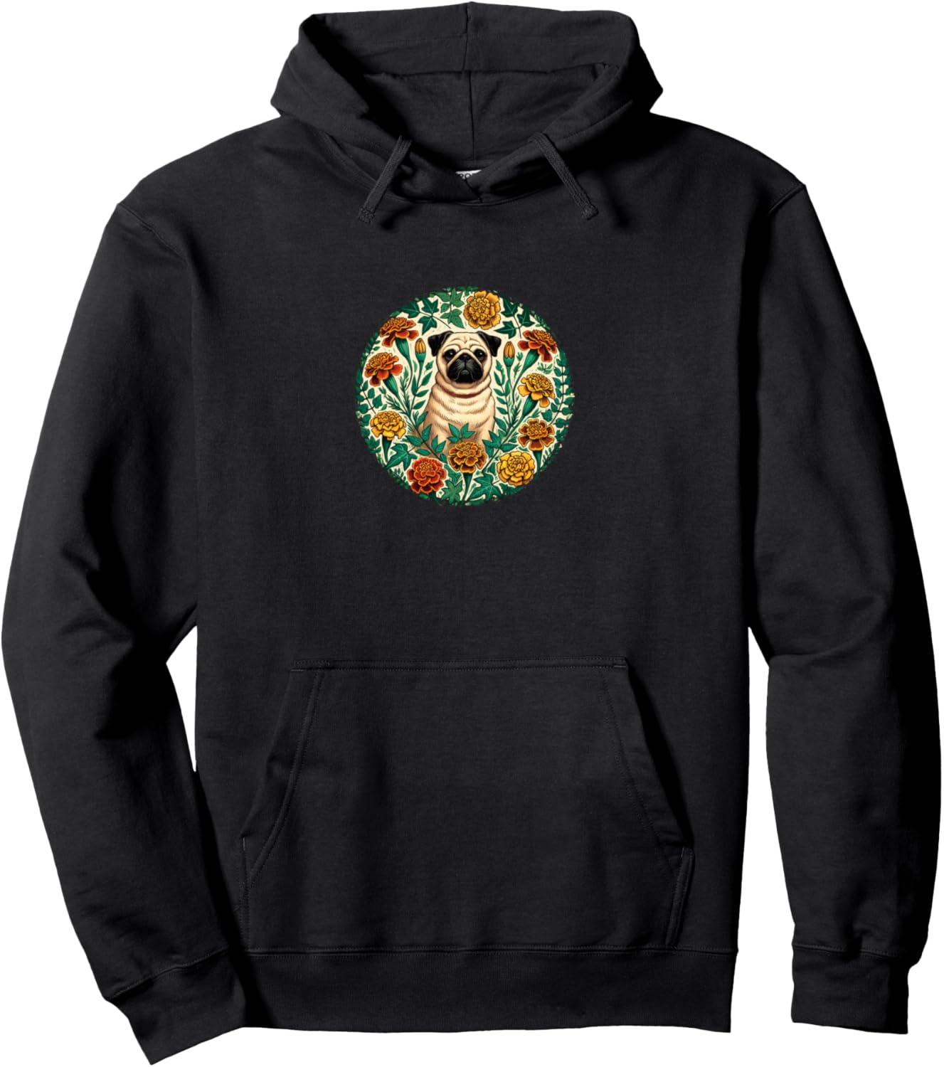 

Иллюстрация мопса Маргаритка, худи с изображением мопса Pugs Lover Bubb, черный