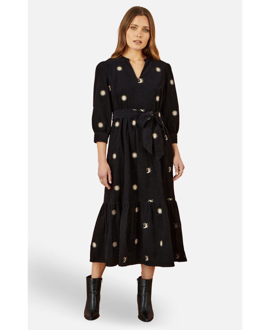 

Женское платье-рубашка миди с космической вышивкой и шнуровкой Yumi, Black