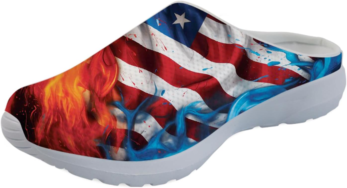 

Forchrinse Hawaiian Palm Tree Watercolor Sky Beach Женские слипоны-мюли Мужские прогулочные кроссовки Садовые сабо Домашние туфли Легкие, Art American Flag Fire