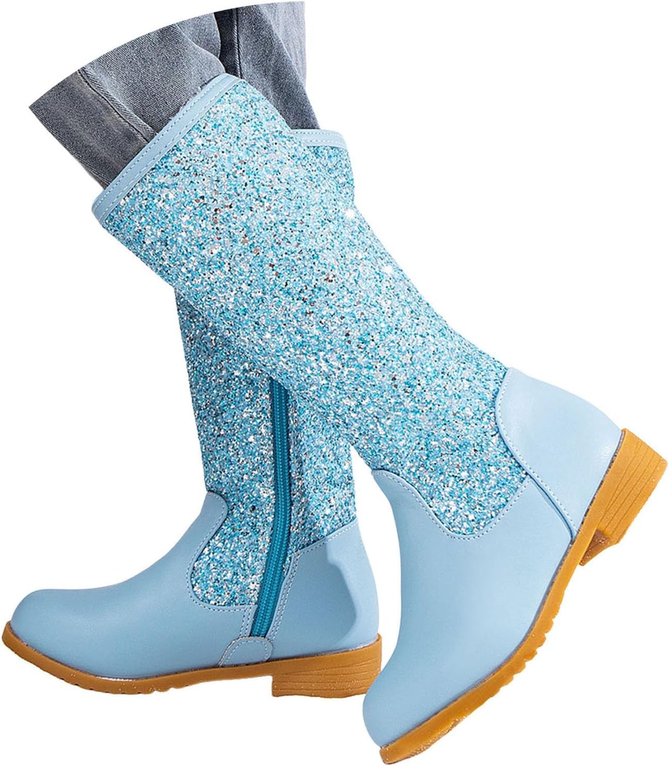

Детские ковбойские сапожки для девочек, средняя голень, с блестками, из блестящей кожи, стиль вестерн, массивный каблук, молния сбоку, круглый носок, широкие модные водонепроницаемые ботинки для малышей, маленьких и больших детей ZSpzx, Sky Blue