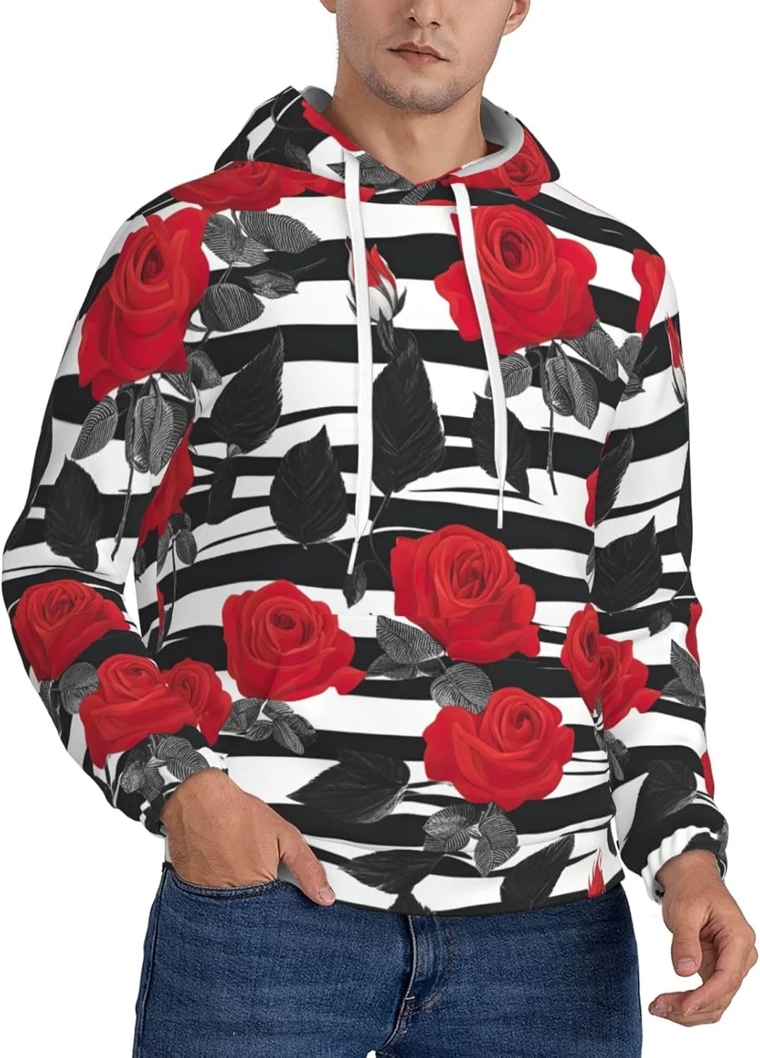 

Мужская флисовая толстовка с капюшоном, принт в черно-белую полоску и красные розы Wangyufen