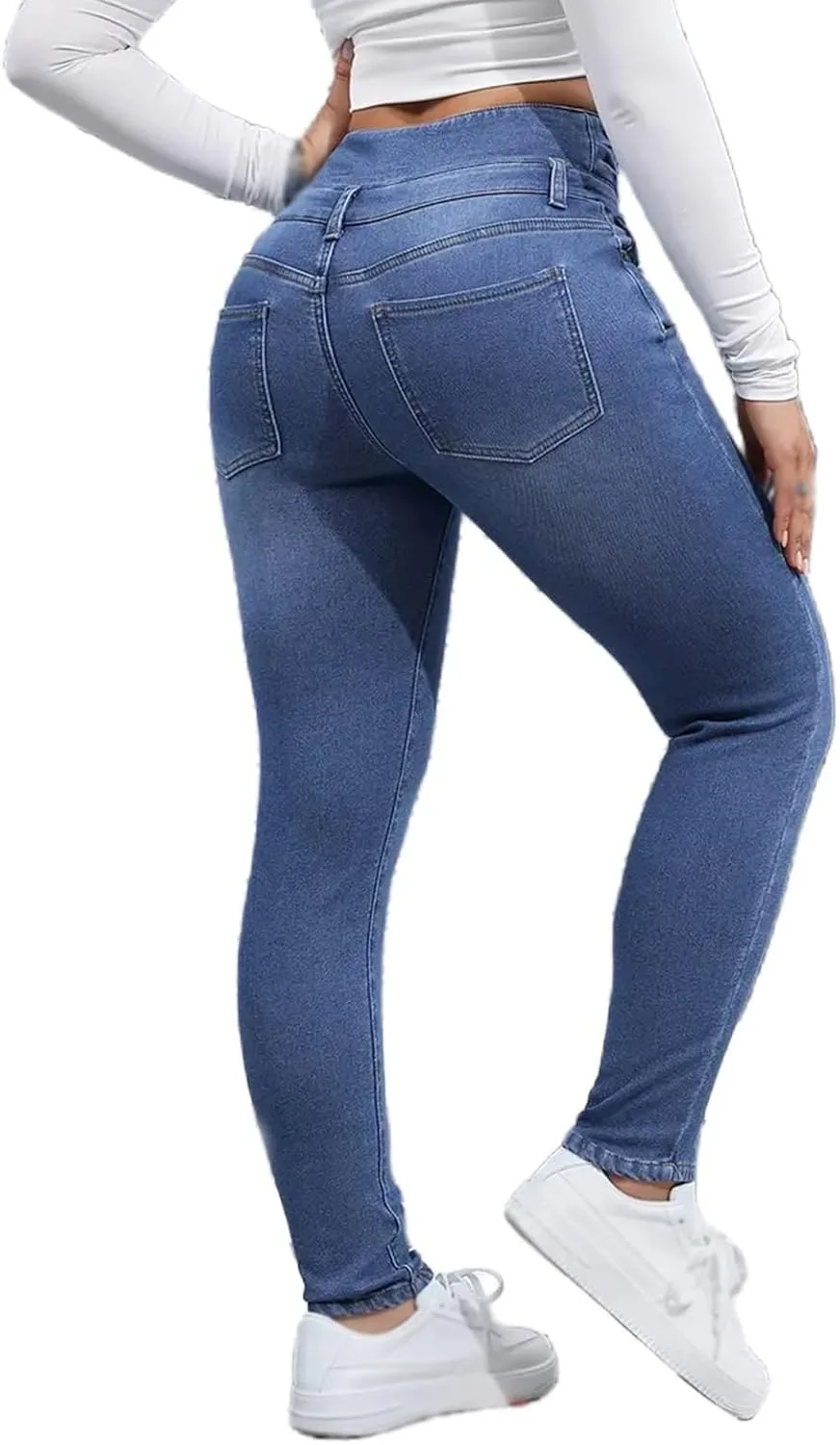 Женские джинсы с флисовой подкладкой, термо, slim fit, супер высокая посадка — фото 4