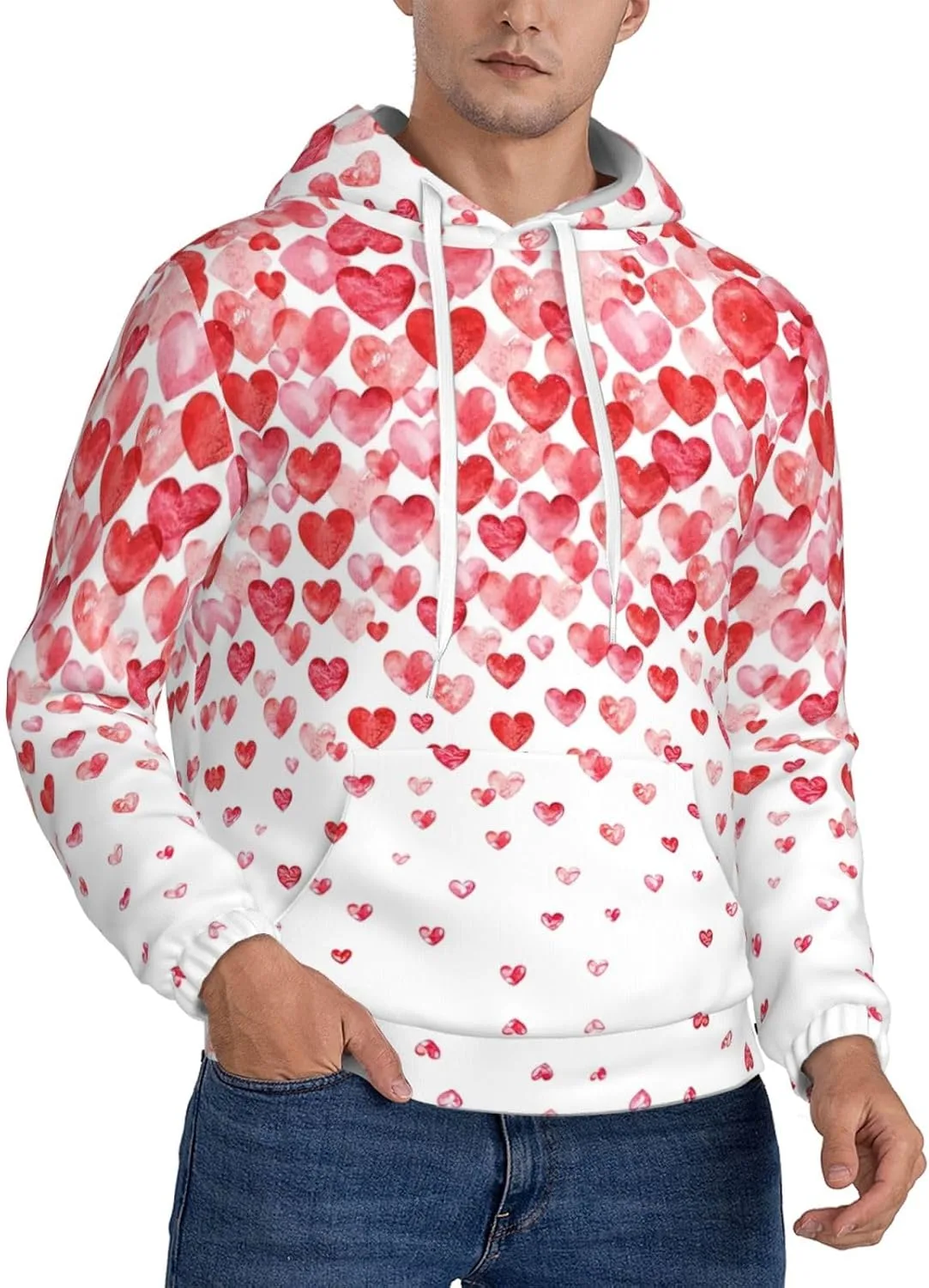 

Мужская флисовая толстовка с капюшоном X-Large, мягкая и теплая, с карманом, в полном принте с красными сердцами SamLng