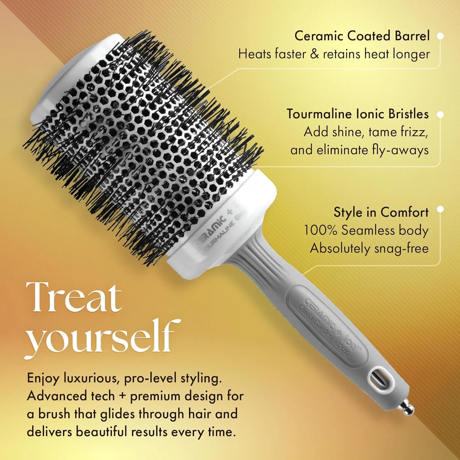 Термощетка для укладки волос Olivia Garden Ceramic + Ion Round Thermal Hair Brush - не электрическая - профессиональная щетка для нормальных и густых волос. 8,9 см, White/Grey — фото 3