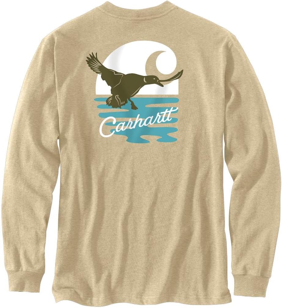 

Мужская свободная футболка Carhartt с длинным рукавом и принтом утки на кармане, Beach Heather