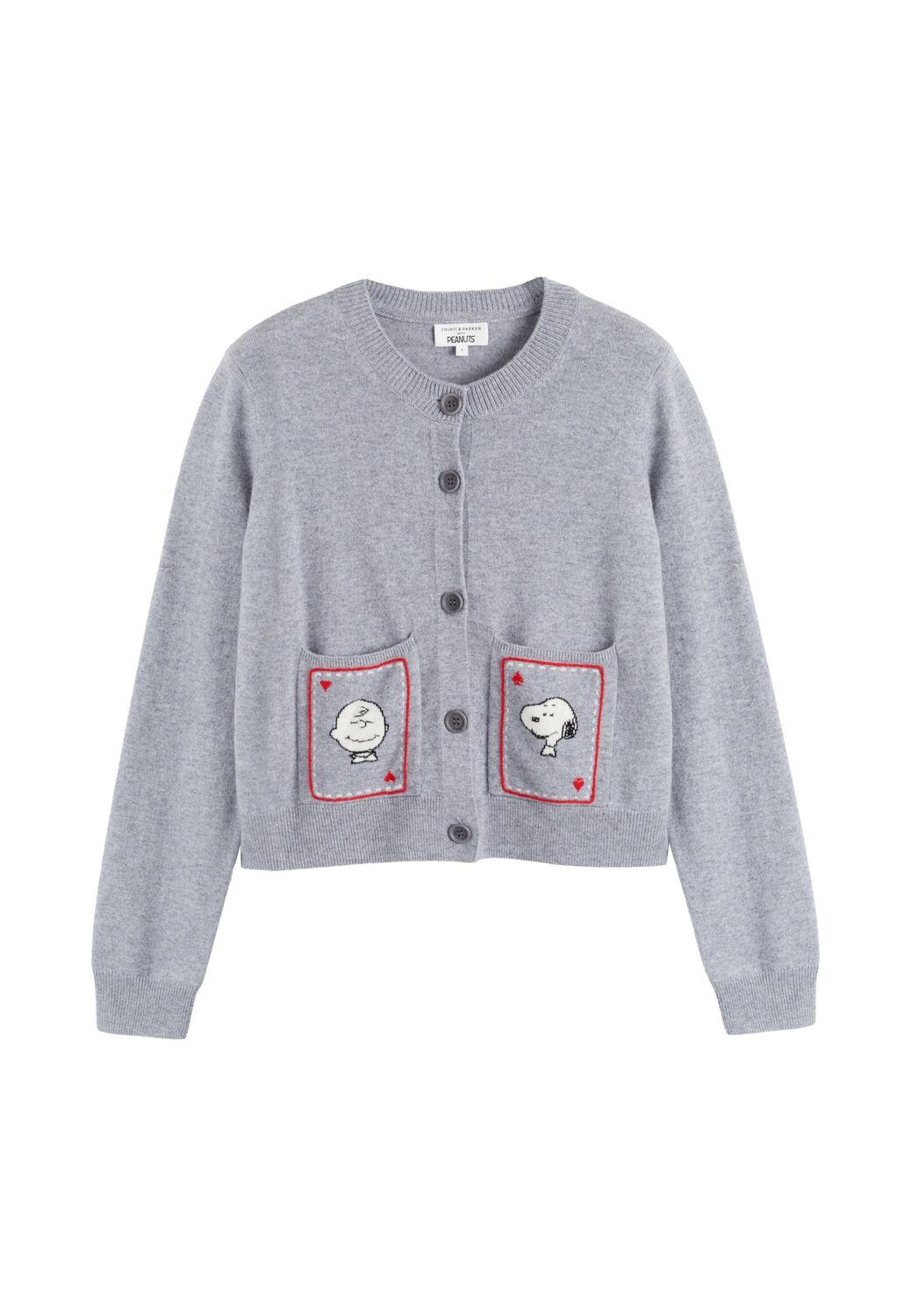 

Chinti & Parker Вязаный кардиган 'Snoopy & Charlie Brown' в крапчатом сером цвете