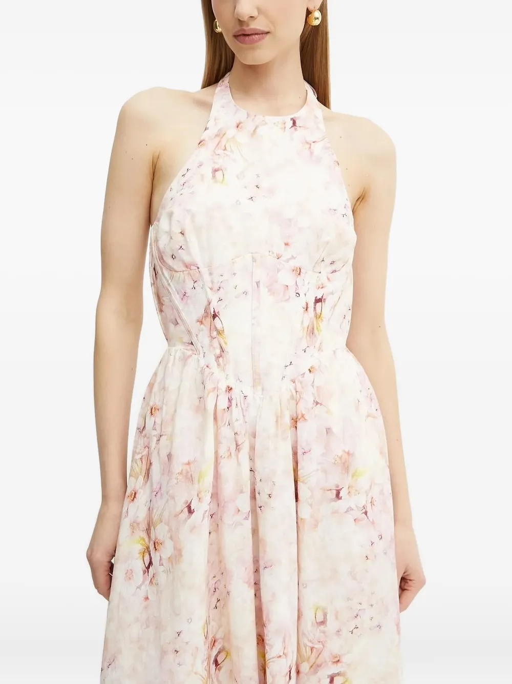 

Платье миди с вырезом халтер и цветочным принтом Bardot, розовый