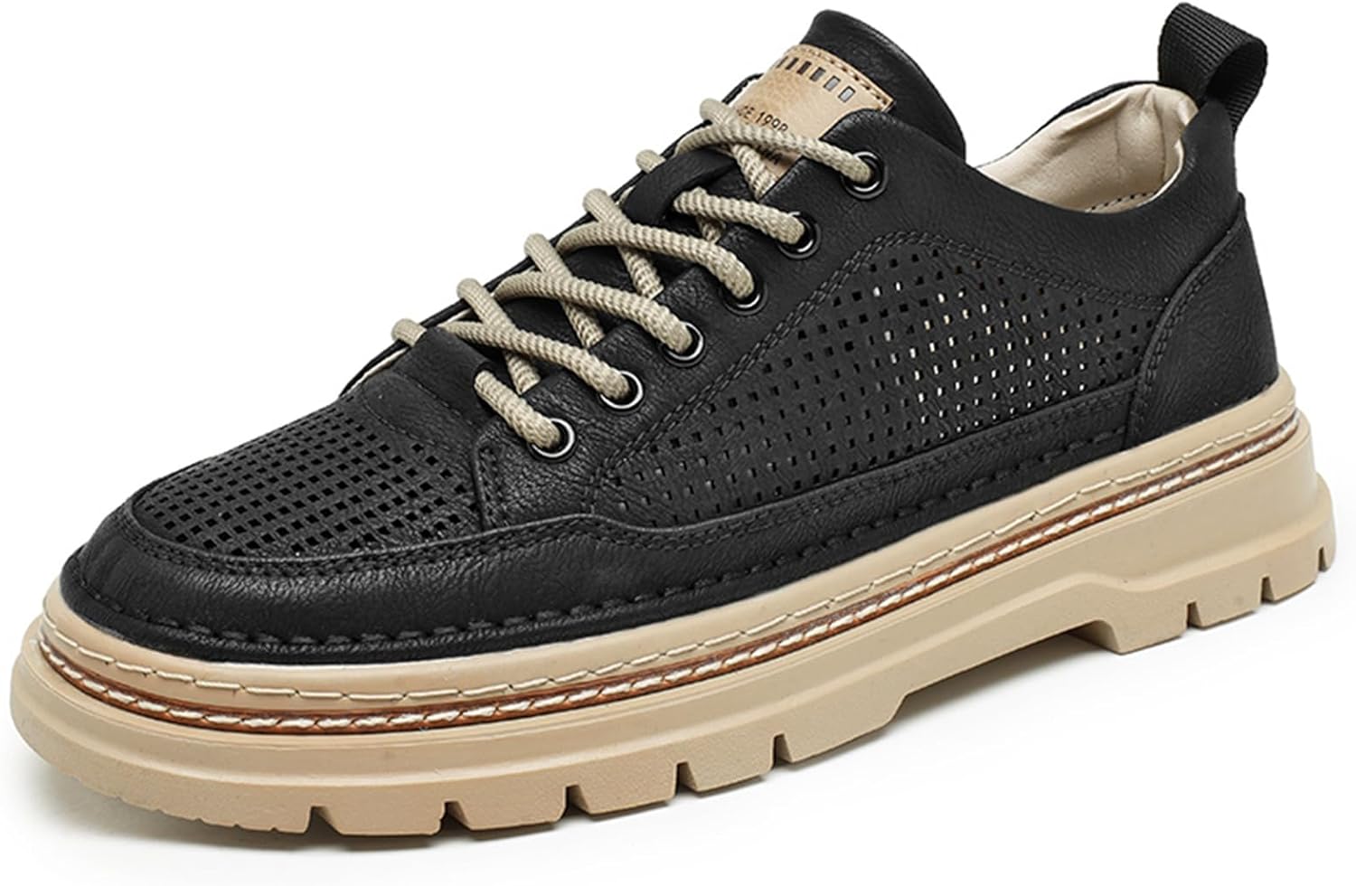 

Кроссовки Netehadi Mens Mid Top Hollow с дышащей кожей и шнуровкой, модные, с круглым носком, на платформе, противоскользящие, спортивные обувь для прогулок, вождения и повседневного использования на улице, черный