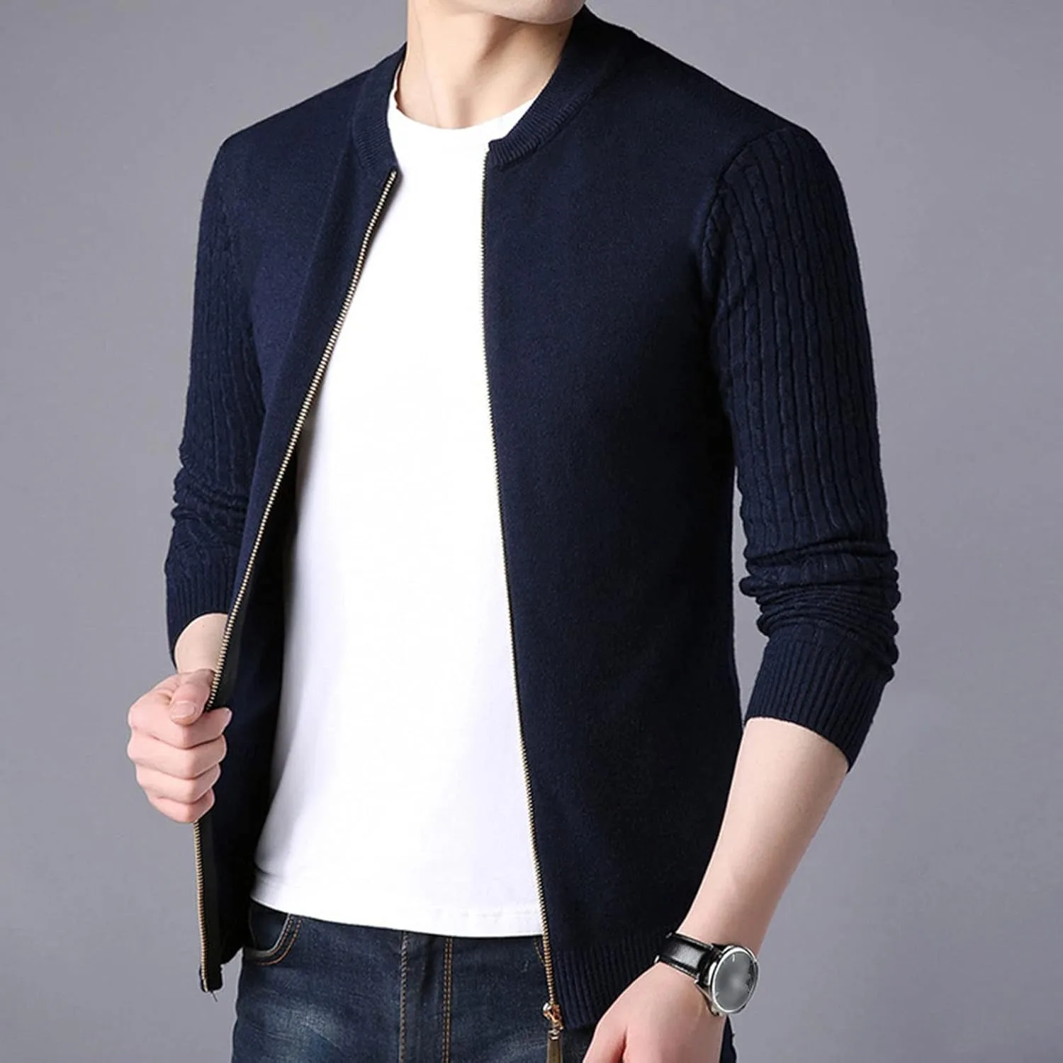 Мужской кардиган на молнии Slim Fit с кабельной вязкой и карманами — фото 2