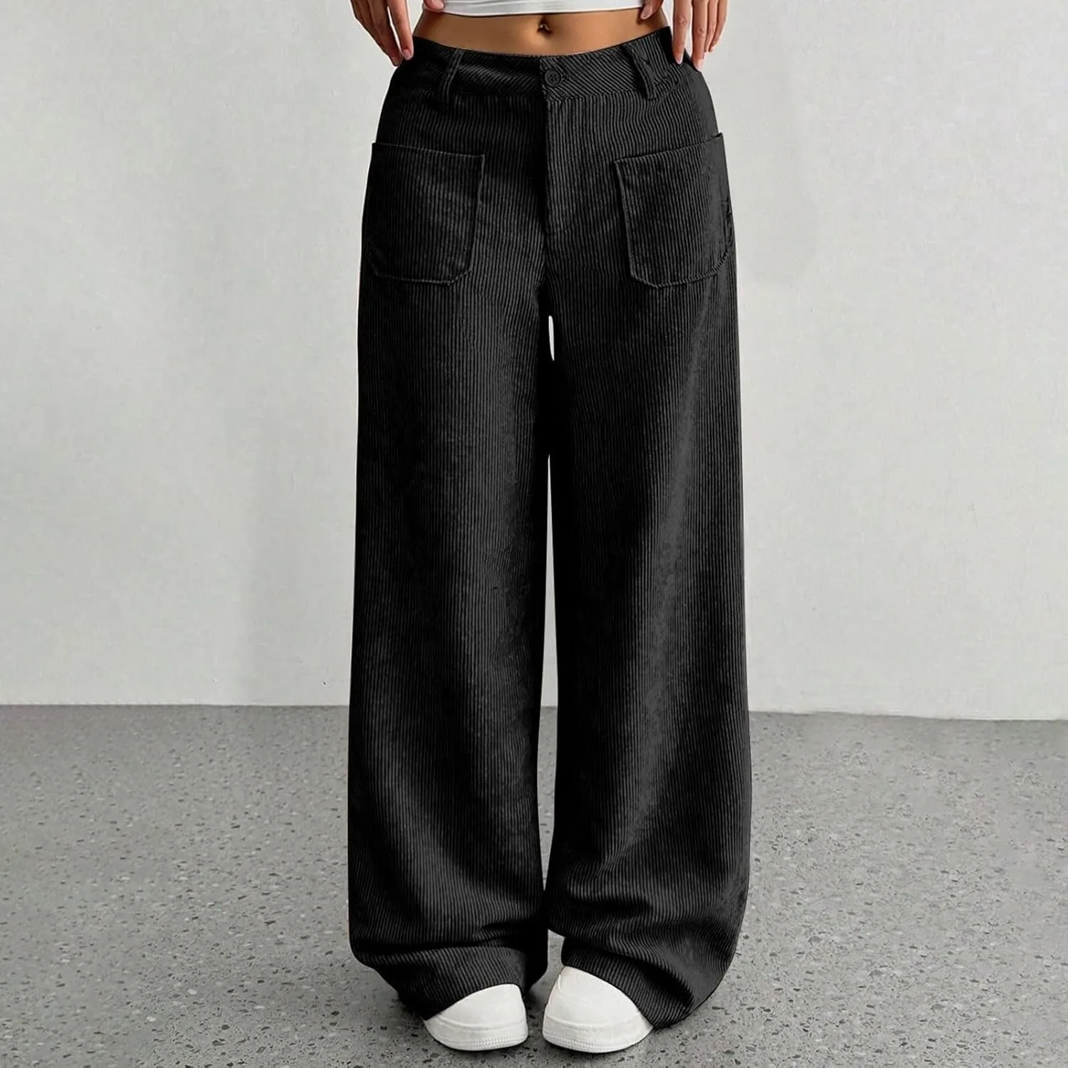 Кордюровые брюки для женщин Wide Leg с высокой талией, мешковатые, удобные джоггеры с карманами, Casual, расслабленный крой Generic, черный — фото 3