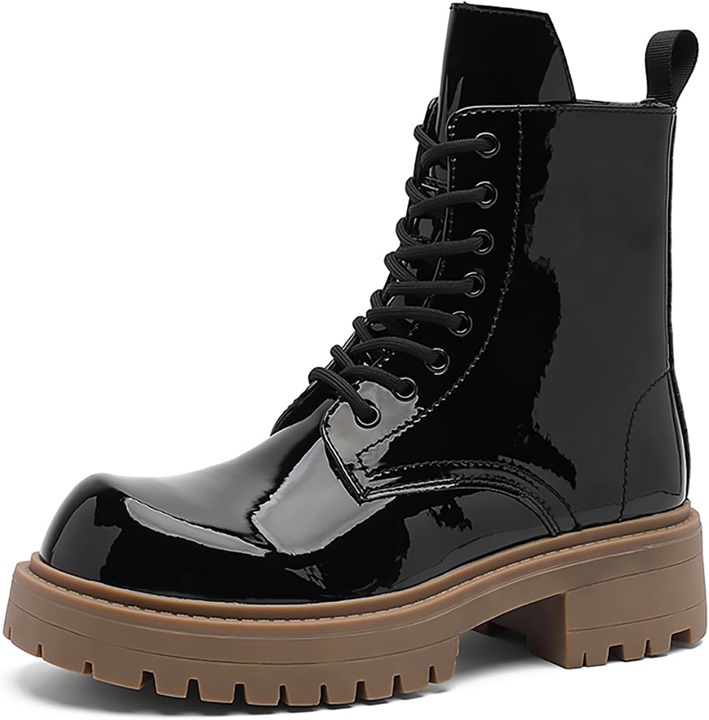 

Мужские градиентные ботинки с боевым дизайном из лакированной кожи, шнуровка, боковая молния, массивная платформа, средняя длина, повседневные, дерби, ботильоны для мотоциклов и вечеринок Bwseobg, черный/бежевый