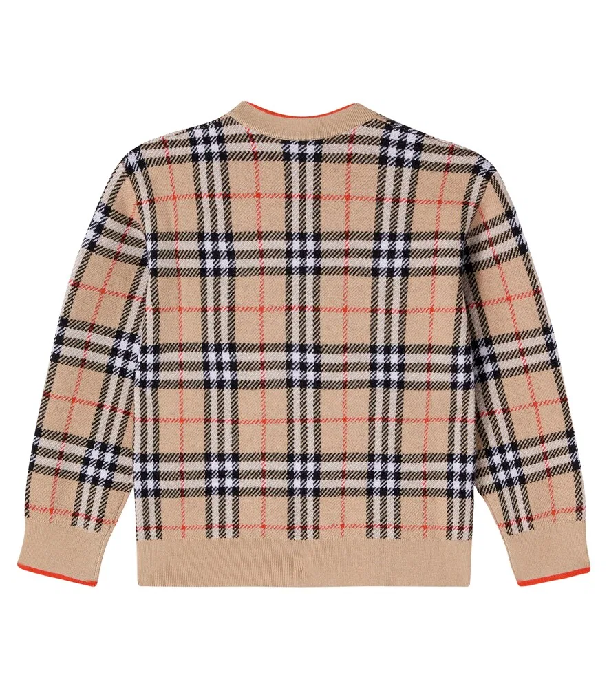 Шерстяной кардиган Burberry в клетку Burberry Kids, бежевый — фото 2