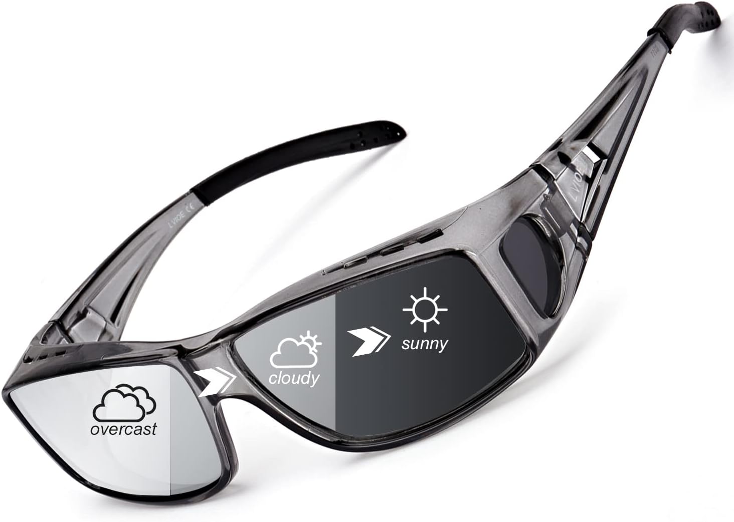 

Фотохромные поляризованные солнцезащитные очки LVIOE для активного отдыха на открытом воздухе. Носятся поверх очков с диоптриями. Защита UV400, Grey Frame Photochromic Polarized Fit Over Sunglasses