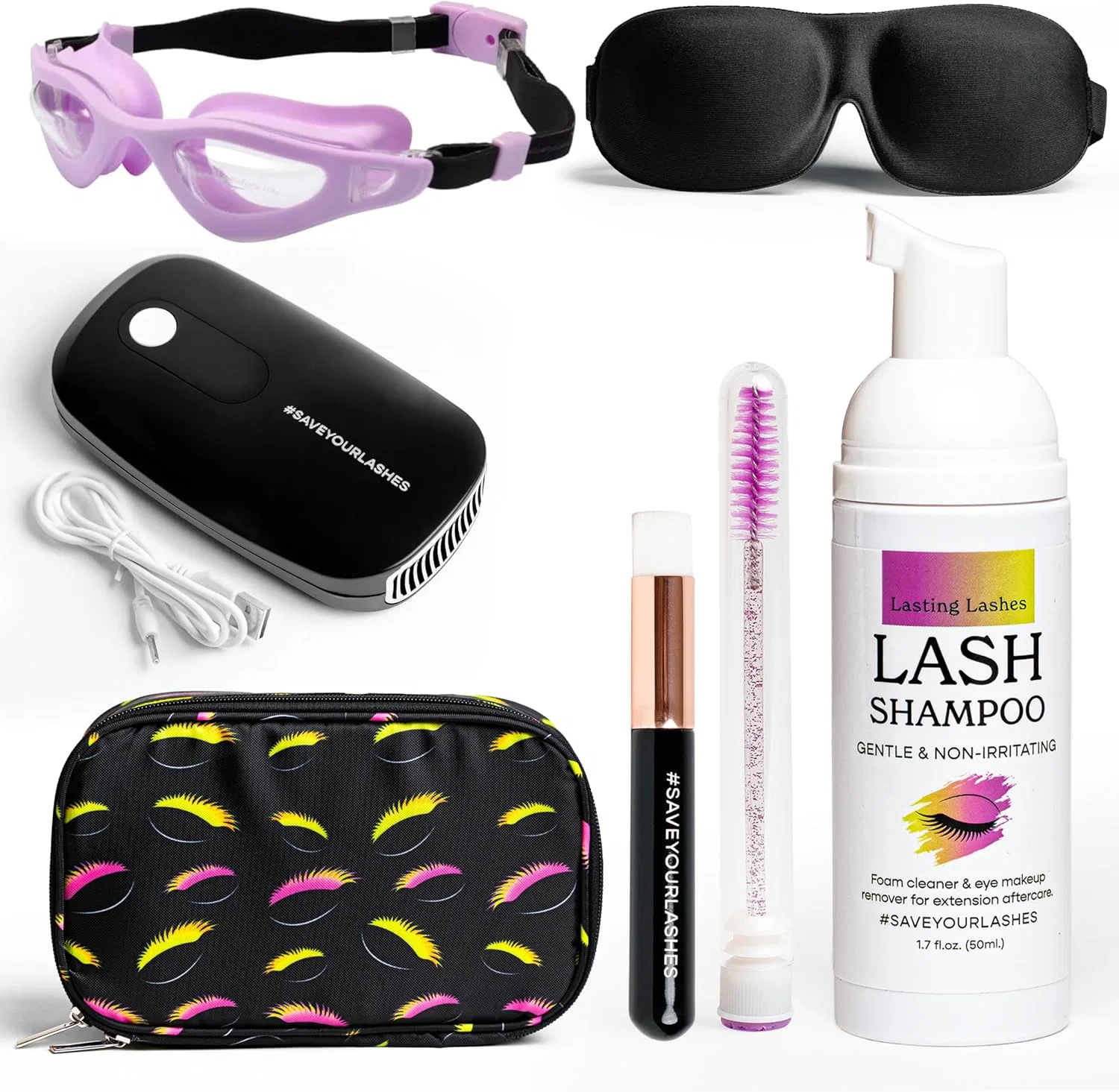 Набор Lasting Lashes — Для ухода за ресницами с шампунем, щеточкой, вентилятором, маской и очками