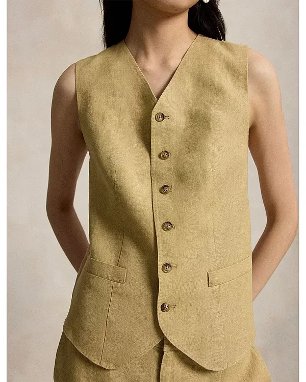 Жилет с пуговицами и отделкой из ткани деляве Ralph Lauren, Camel — фото 4