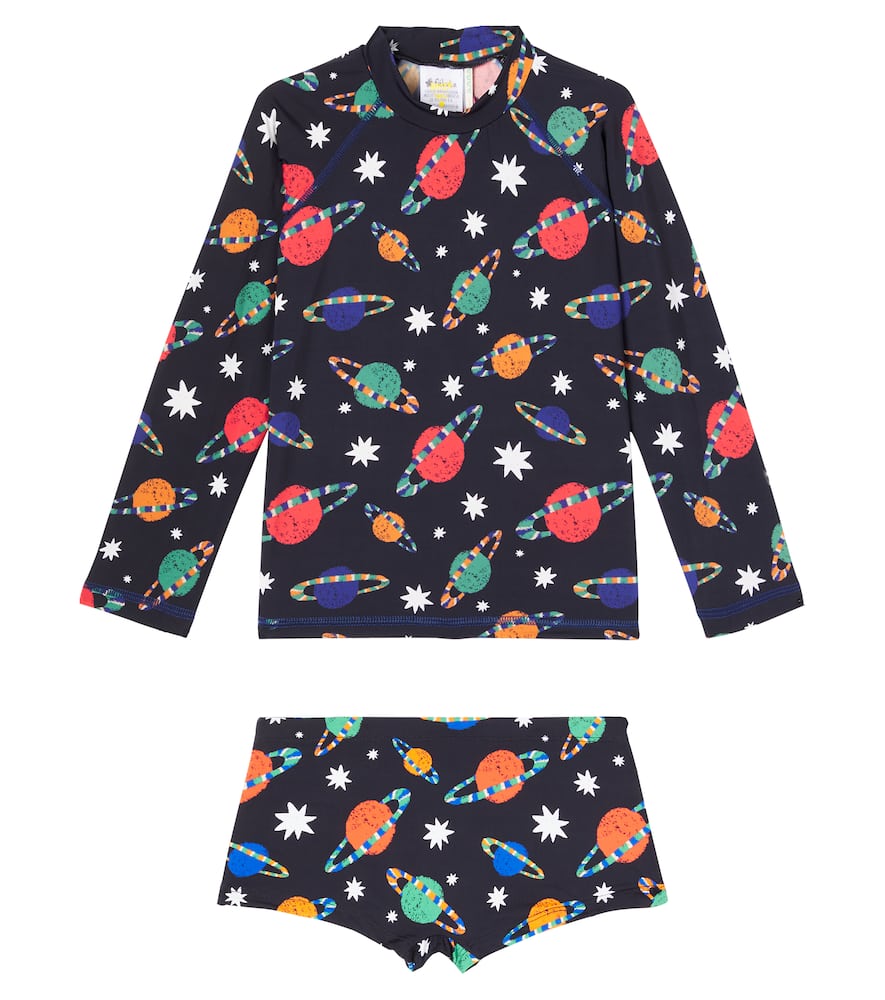 

Набор с принтом: топ-рашгард и плавки Fábula, Est Planetonico Fundo Preto