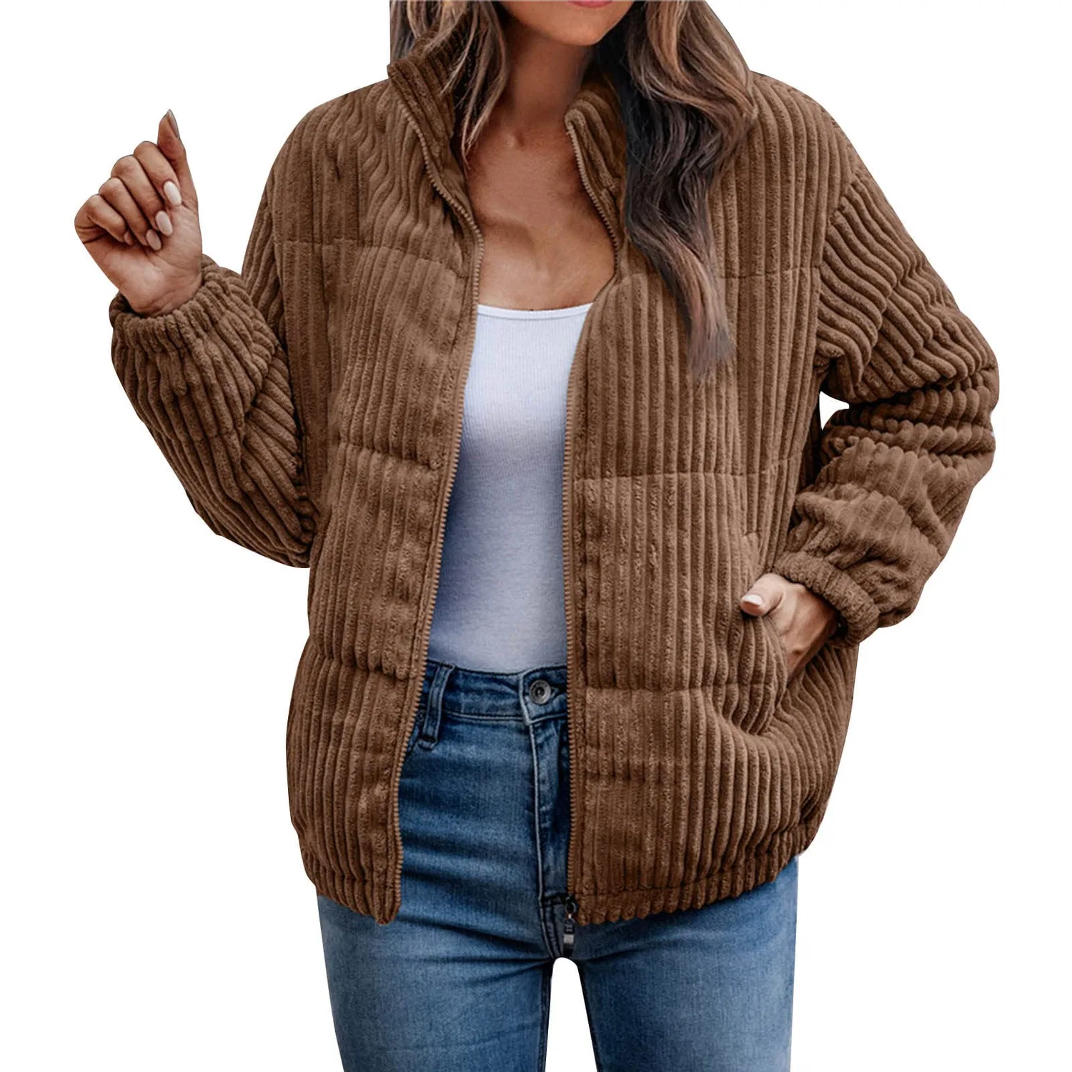 Женская куртка-бомбер на молнии с принтом, Corduroy Lightweight Quilted Bomber, brown